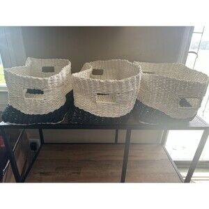 White and Navy Woven Storage Baskets, Set of 3 Baskets w/Handles, 12x9x8